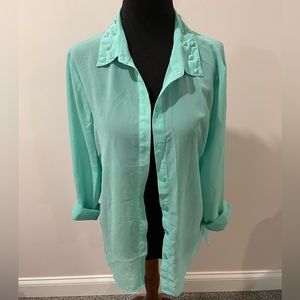 Sheer teal button down with studded collar